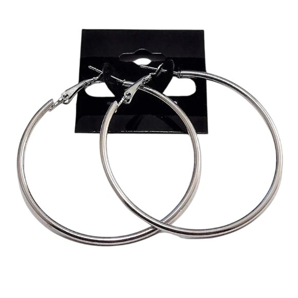 1 1/2 Inch 40mm Hoop Pierced Post Earrings Silver Tone Round With Support Clip - Picture 2 of 5